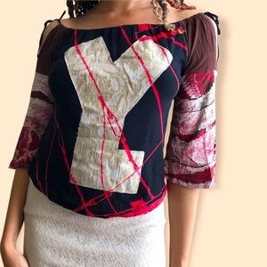 Super cute Custo Barcelona blouse with an off the shoulder cutout tie design